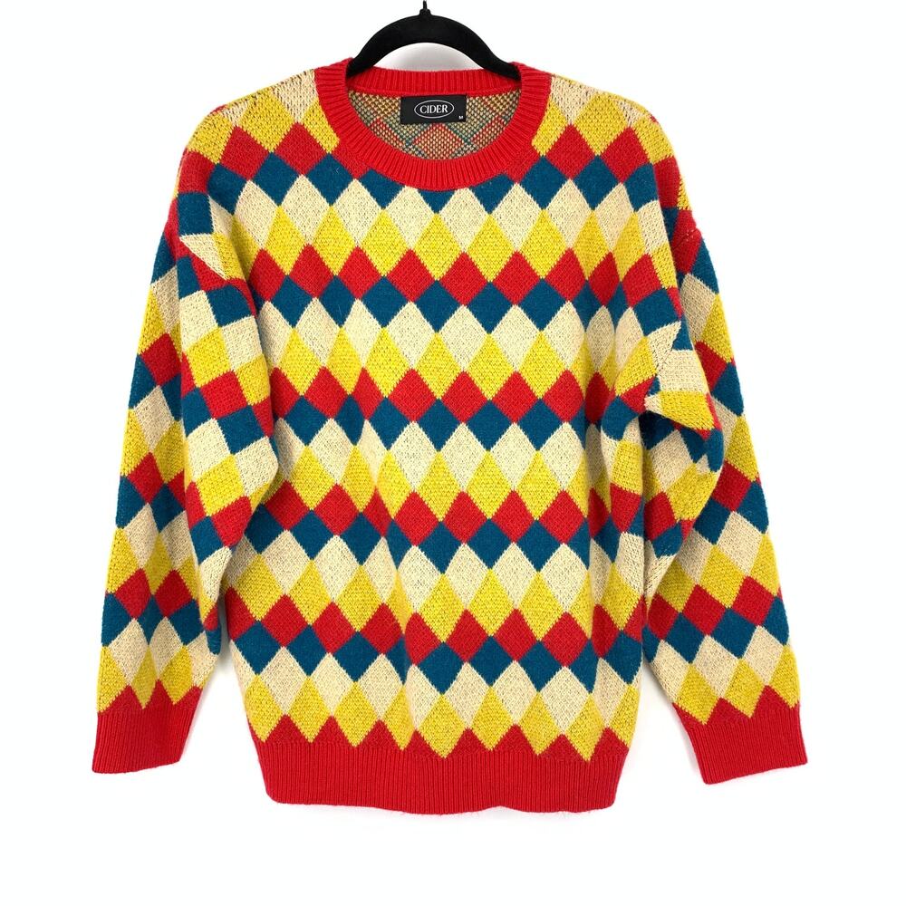 Cider Pullover Crew Neck Diamond Print Sweater Womens Size M Red Blue Yellow